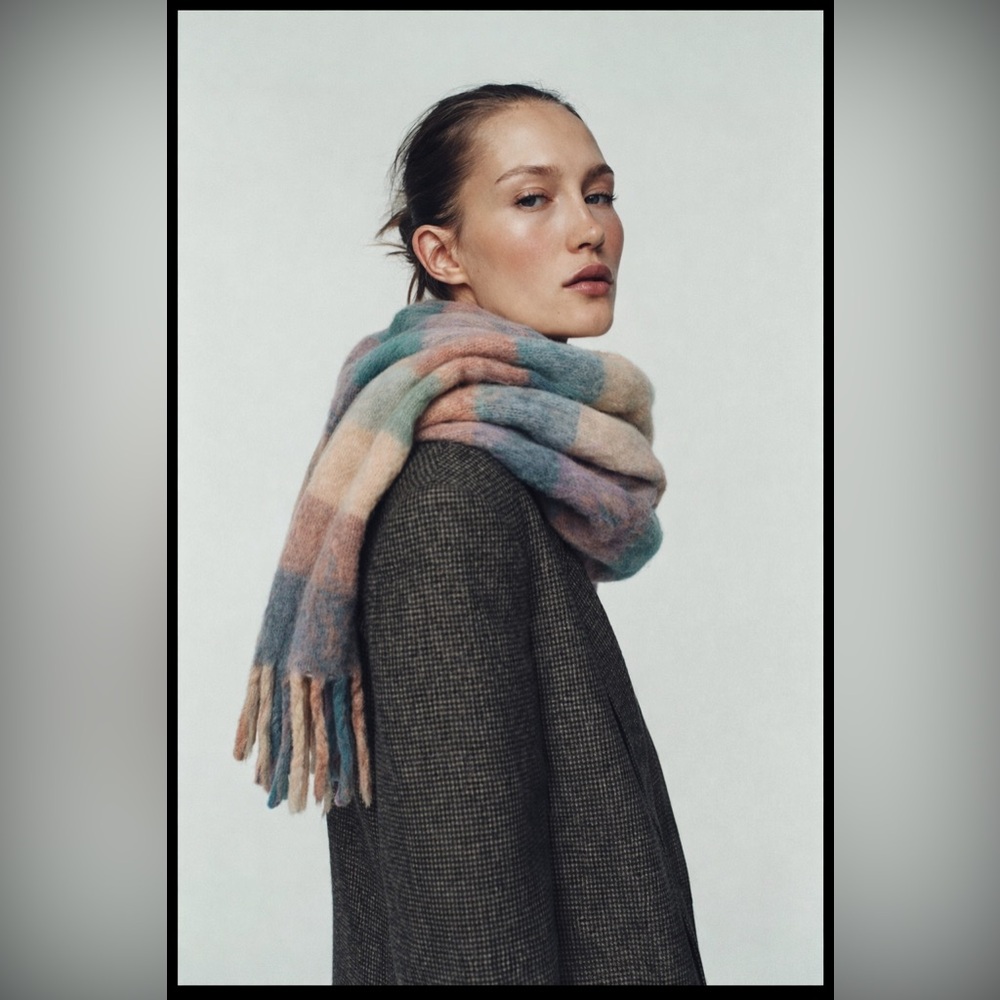 Zara Multicolor Plaid Fringed Scarf